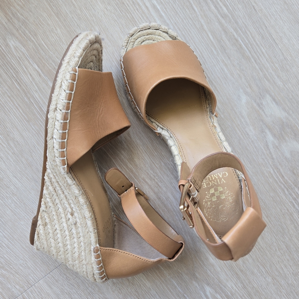 Vince Camuto Tan Brown Leather Espadrille Wedges Venerly Ankle Strap size 10 - Picture 9 of 16